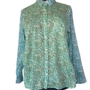 J. Jill Top Green Teal Ditsy Floral Blouse Pearl Button Collar Long Puff Sleeve